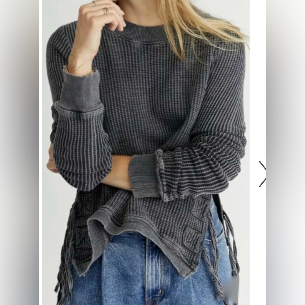 Free People Thermal Top Interlaken Hi Lo Side Ties Charcoal Gray FP One